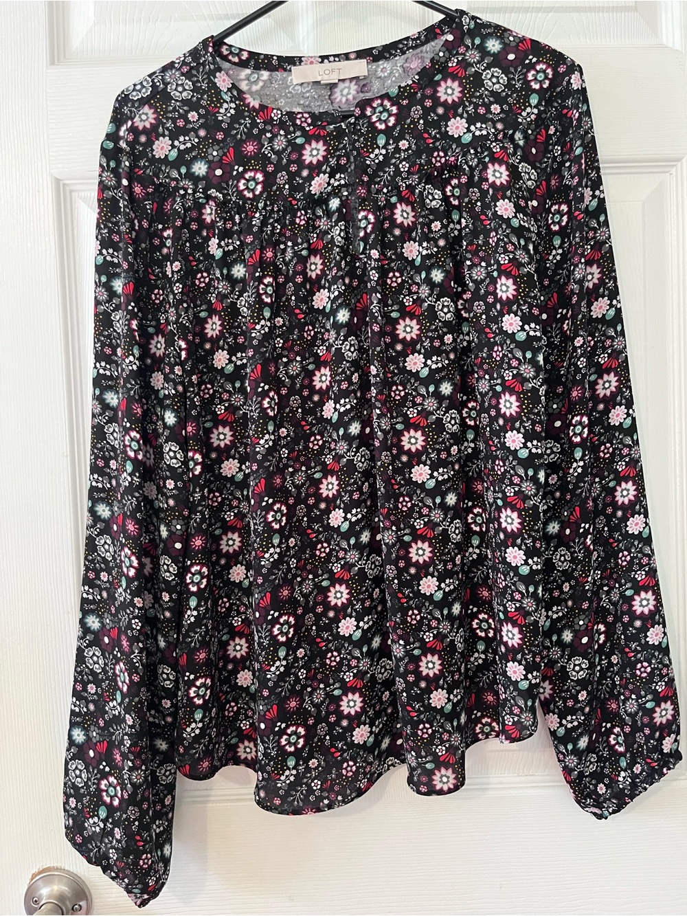 LOFT Black Floral Long-Sleeve Blouse with Pink and Light Blue Accents